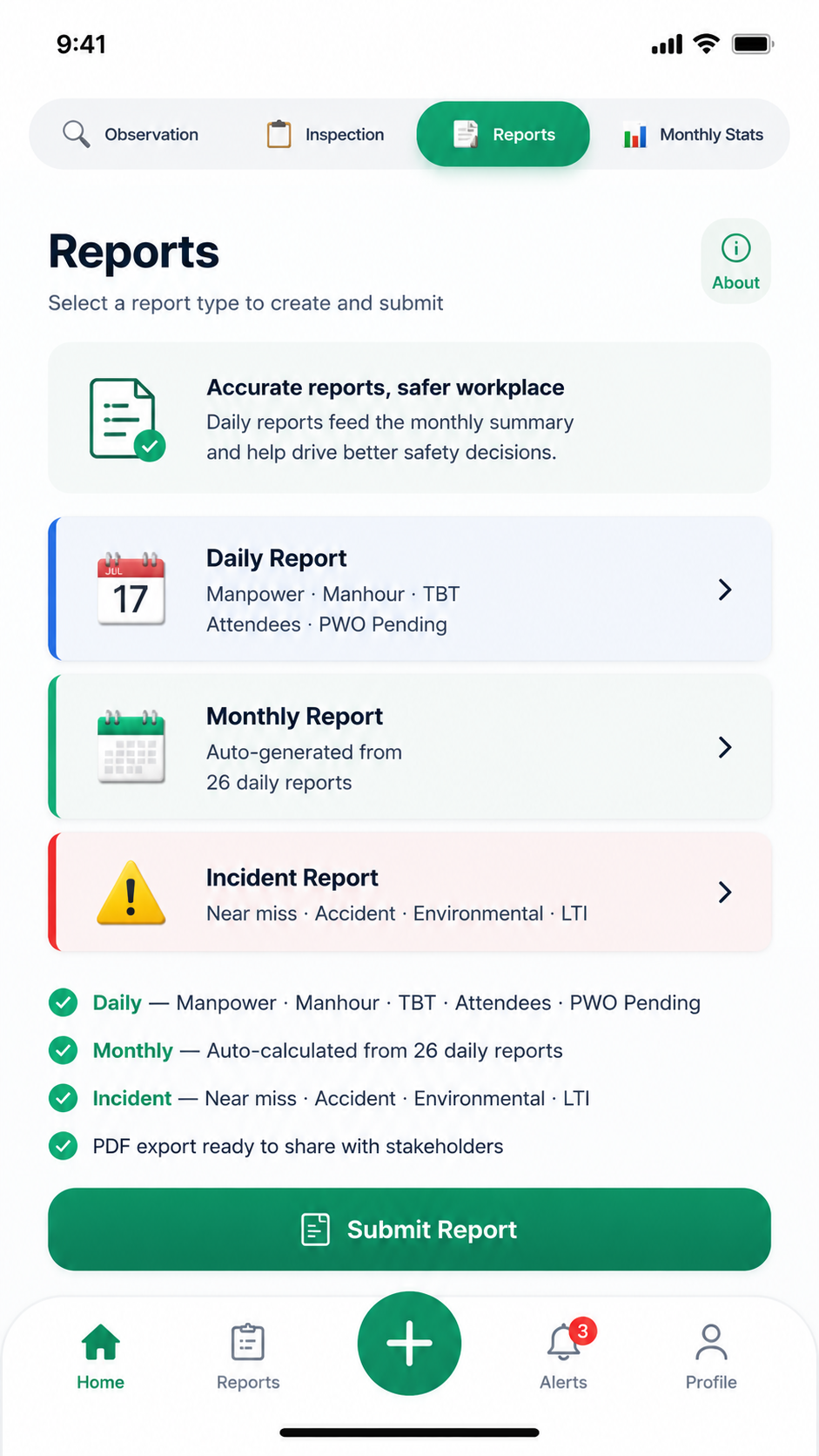 Reports screen — daily, monthly and incident report types with PDF export